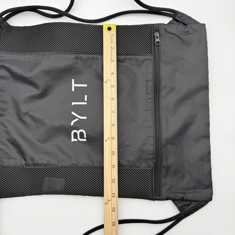 BYLT Drawstring Backpack Unisex M Black Front Zip Mesh Ripstop Gym Bag Sporty